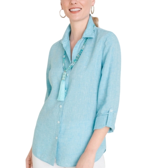 Chico's Tops Chicos No Iron Linen Rolltab Sleeves Shirt In Size L